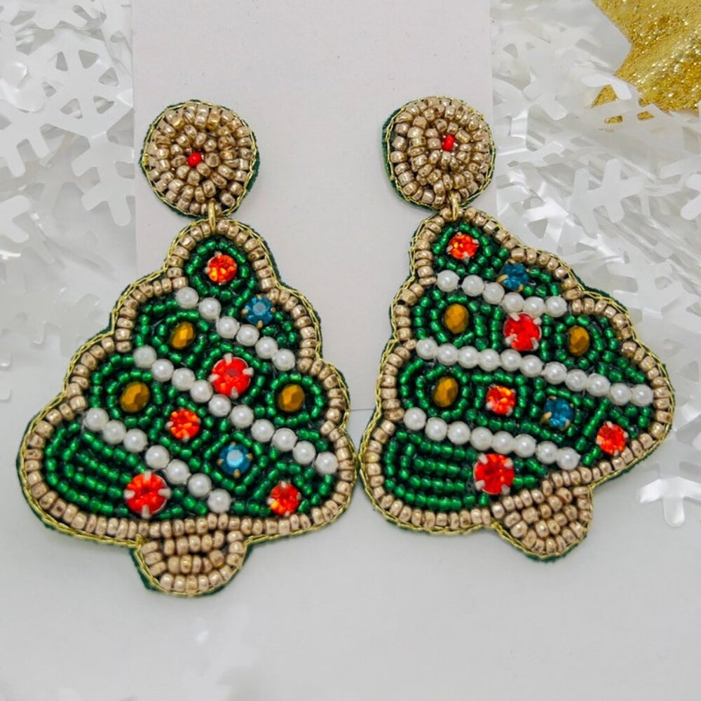 Handmade Beaded Earring Festive Tree Green Jewelry